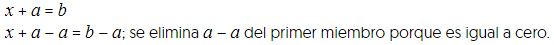 equis mas a es igual a be, 
equis mas a menos a igual be menos a; se elimina a menos a del primer miembro porque es igual a cero.